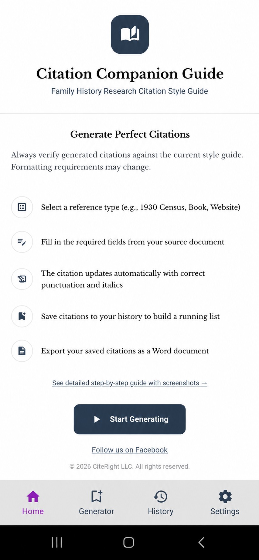 Citation Companion Guide home screen