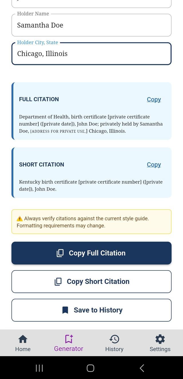 Filled-in citation form with live output