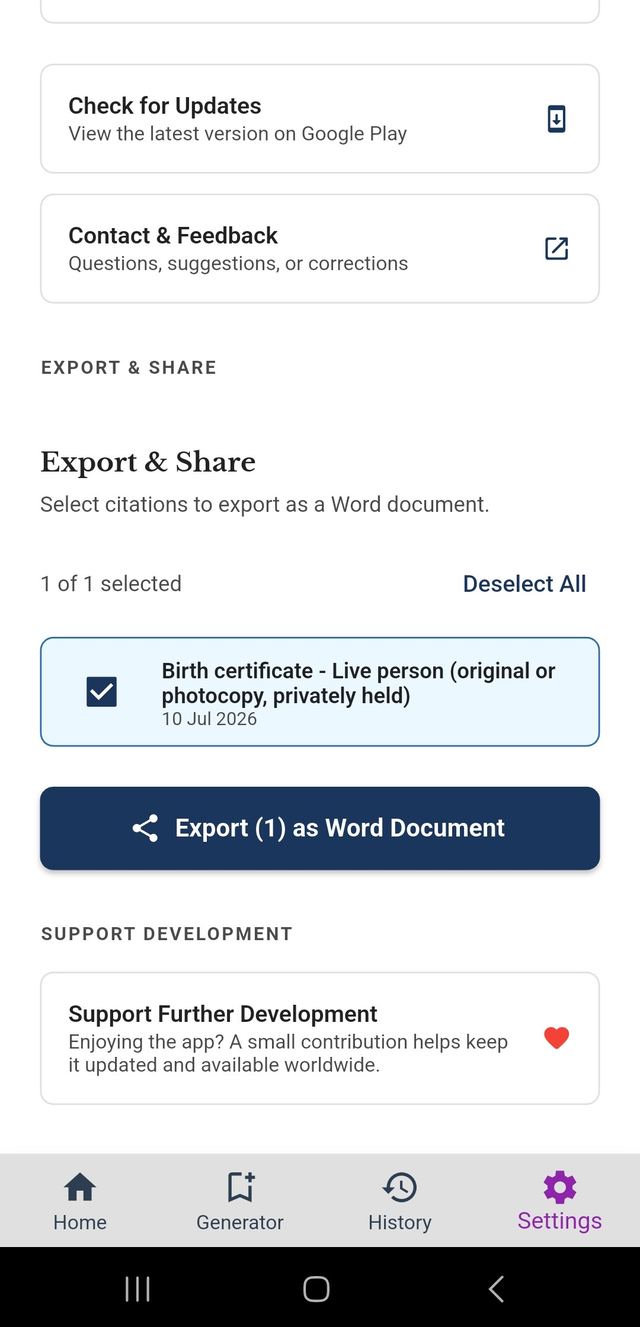 Export screen with a citation selected